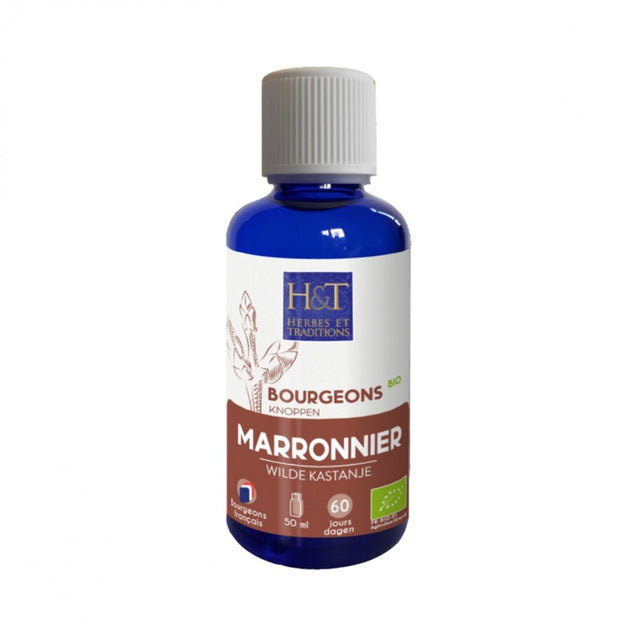 Flacon en verre bleu de 50 ml de macérat de bourgeons de Marronnier bio Herbes et Traditions, avec capsule compte-gouttes.
