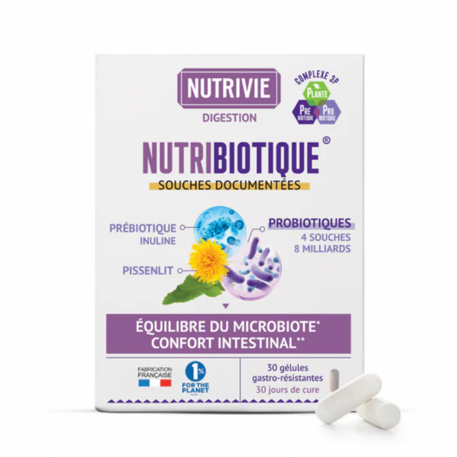 Boîte de Nutribiotique Digestion Nutrivie, 30 gélules gastro-résistantes aux probiotiques, inuline et pissenlit.