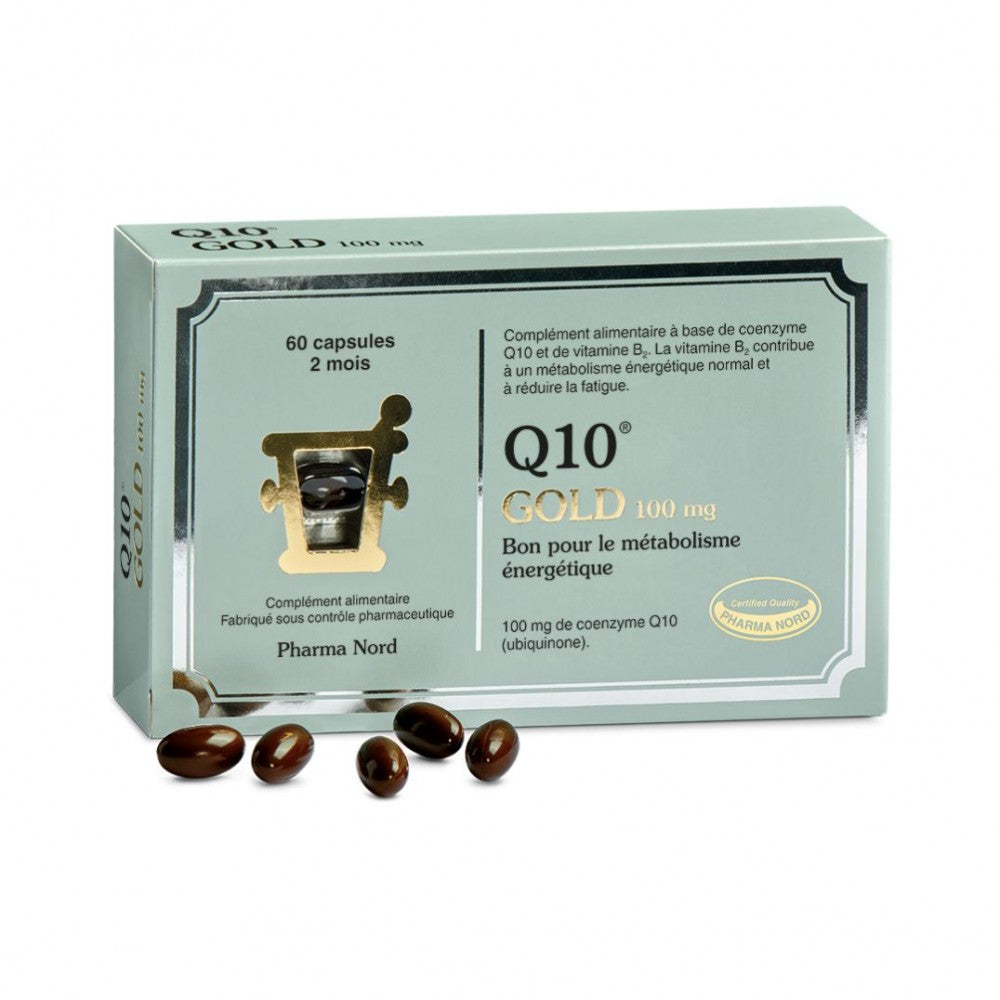 Boîte de Q10 Gold 100 mg de Pharma Nord, complément alimentaire de coenzyme Q10 et vitamine B2, 30 capsules souples.