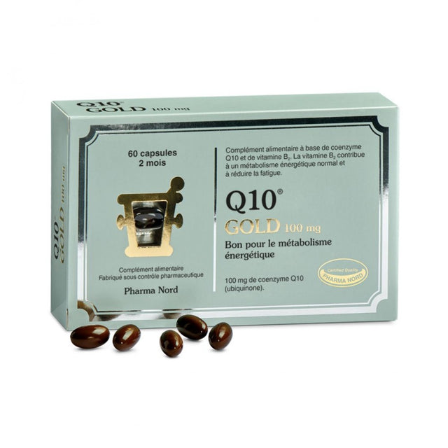 Boîte de Q10 Gold 100 mg de Pharma Nord, complément alimentaire de coenzyme Q10 et vitamine B2, 30 capsules souples.